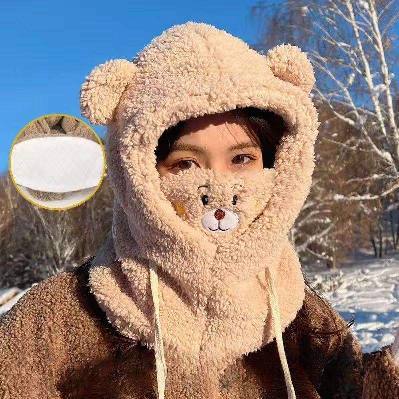 Adorable Animal Plush Hat Scarf One Piece Set for Women Korean Style Winter Fashion with Cozy Fleece Hooded Mask for Outdoors
