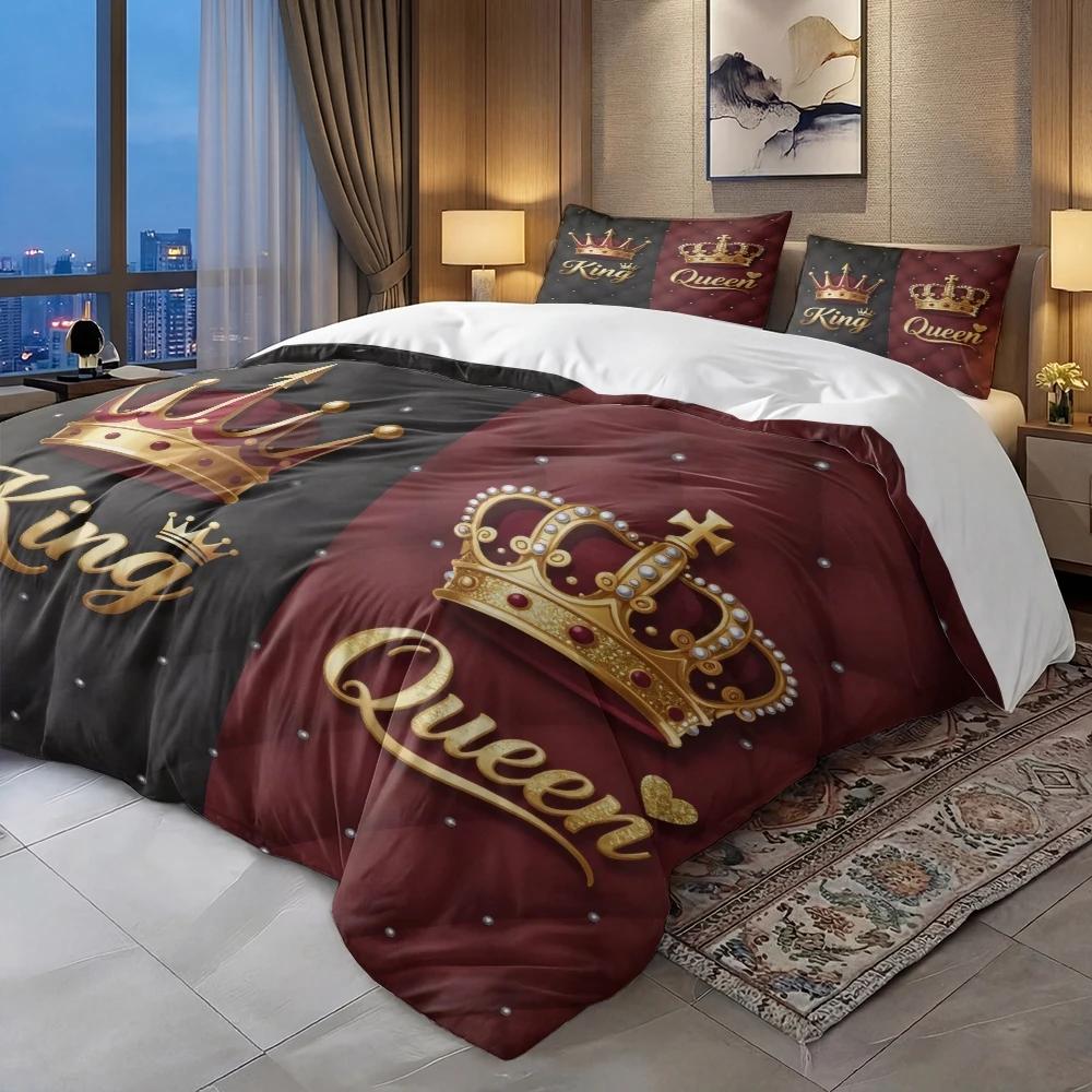 3 Piece Set Valentine's Day Decoration King Queen Print Quilt Set, Including 1 Duvet Cover and 2 Pillowcases (excluding Padding)