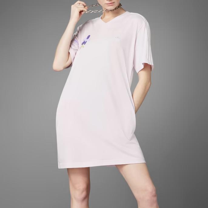Adidas Trefoil Solid Color Logo Embroidered V-Neck Short Sleeve Dress Women dresses Pink HT4948
