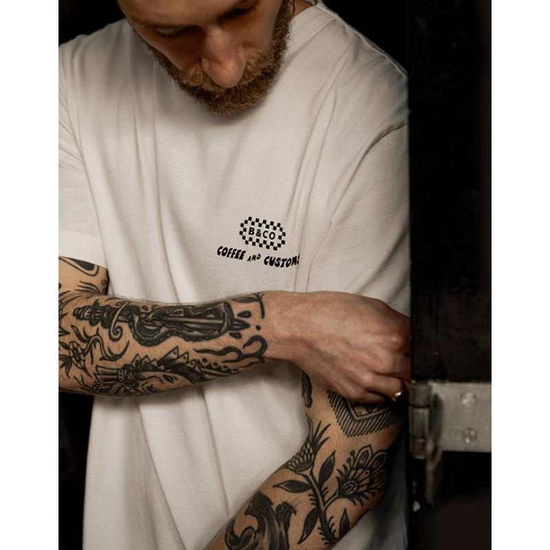 COFFEE AND CUSTOMS American Retro Sports Style Pure Cotton Printing Round Neck Short-sleeved T-shirt Men