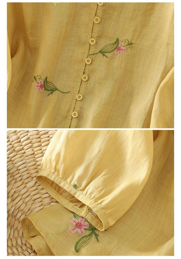 Summer 2025 Women’s V-Neck Chinese Embroidery Shirt: Retro, Loose, Slimming Design