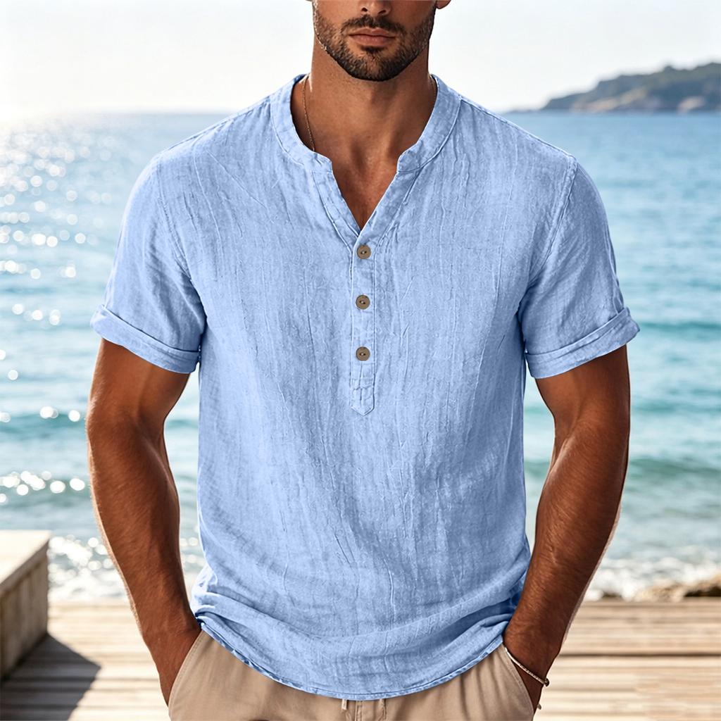 Mens Casual Button Neck Lightweight Short Sleeve Shirt Breathable Relaxed Fit Summer Top for Everyday Wear