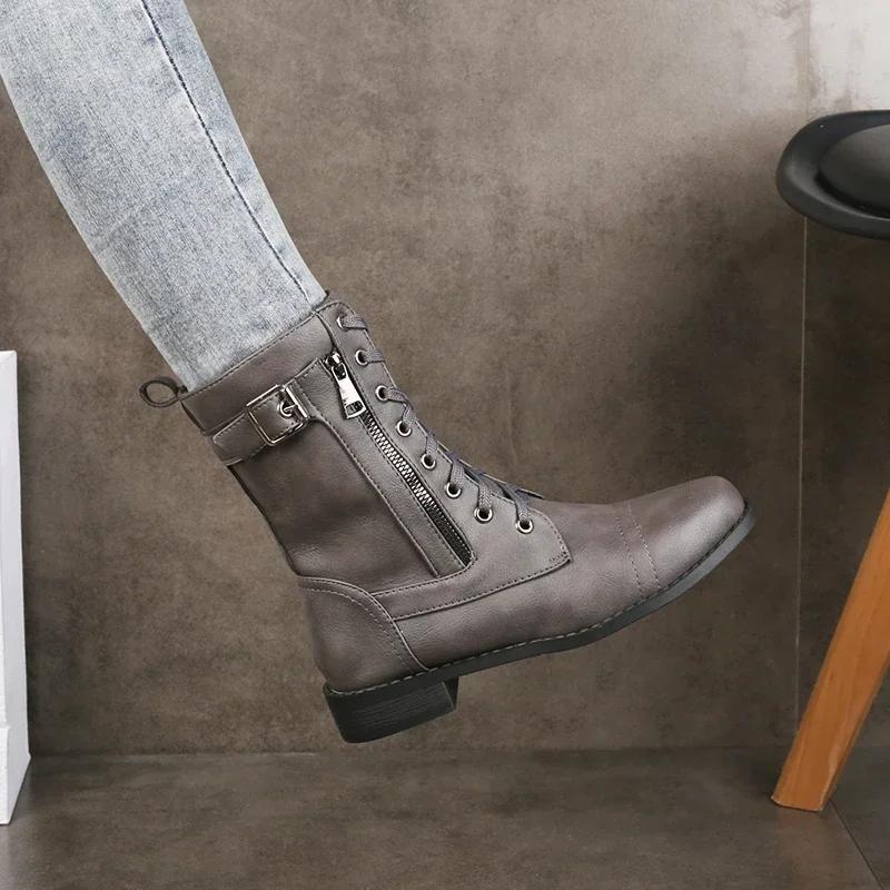 Neue Übergröße Retro Damen Westernstiefel Punk Schnürung Schnalle Motorradstiefel Reißverschluss Mid-Calf Stiefel Damen Kurz