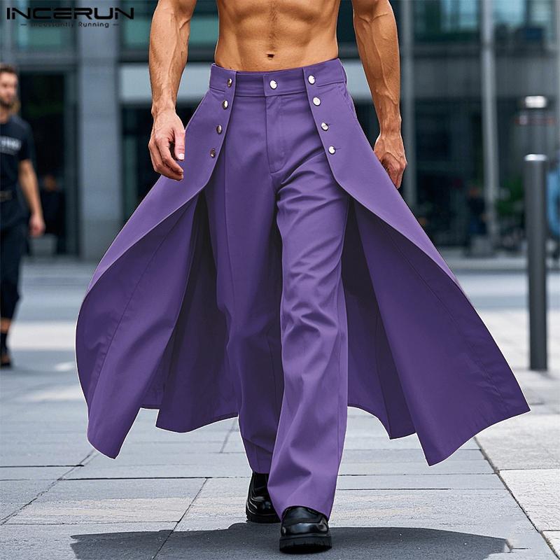 INCERUN Pánské dlouhé kalhoty na zip s vysokým pasem, dvouvrstvé, jednobarevné, ležérní