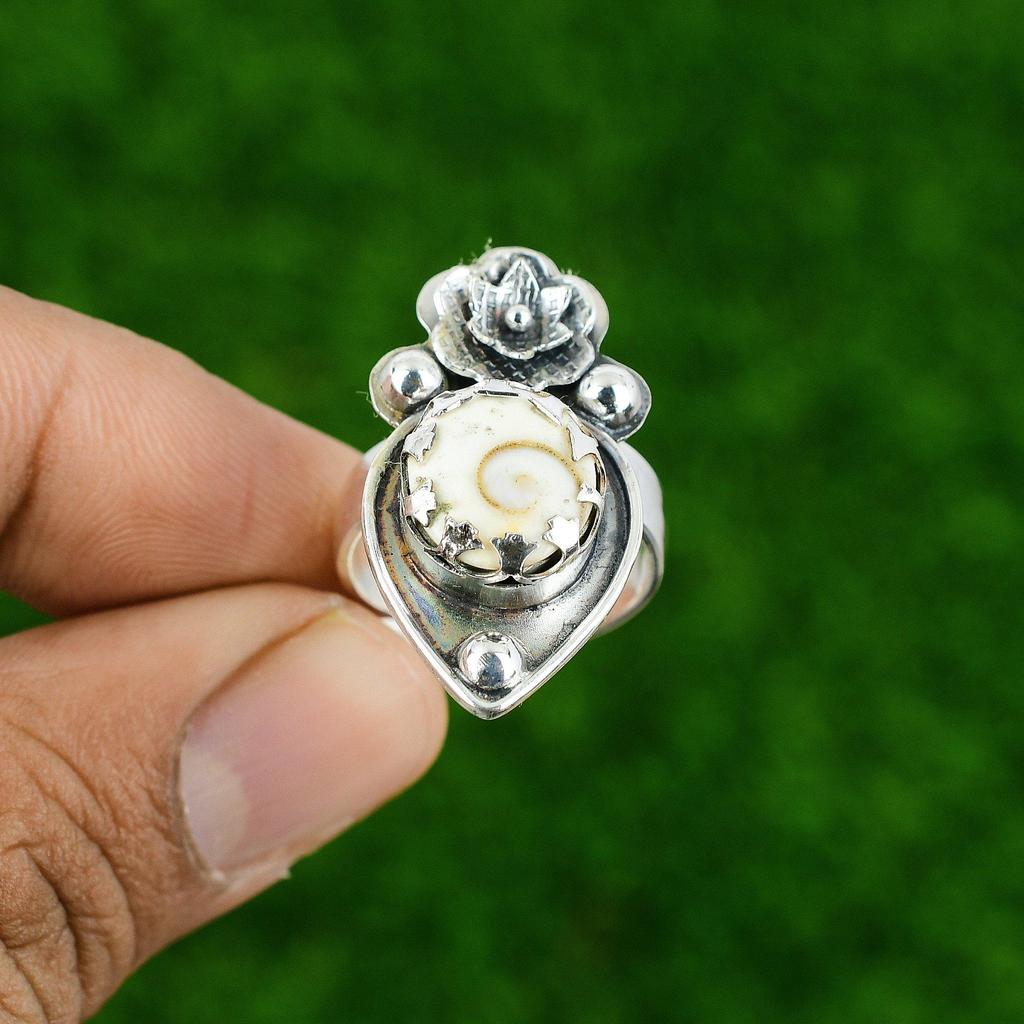 Gift For Her Natural Shiva Eye Shell Statement Flower Adjustable Ring 925 Silver