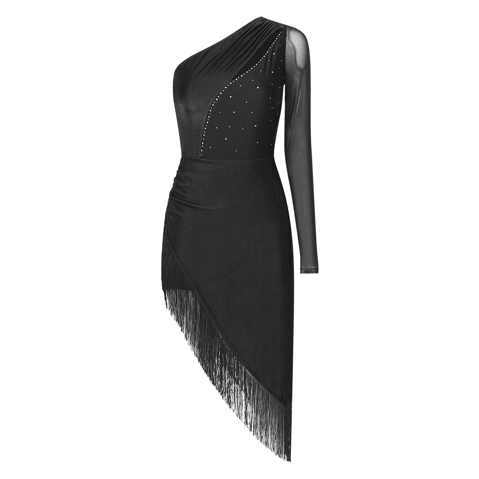 

Ladies One Shoulder Latin Dance Dress Asymmetrical Fringe Shiny Rhinestones Tassel Design Salsa Tango Dress чорний