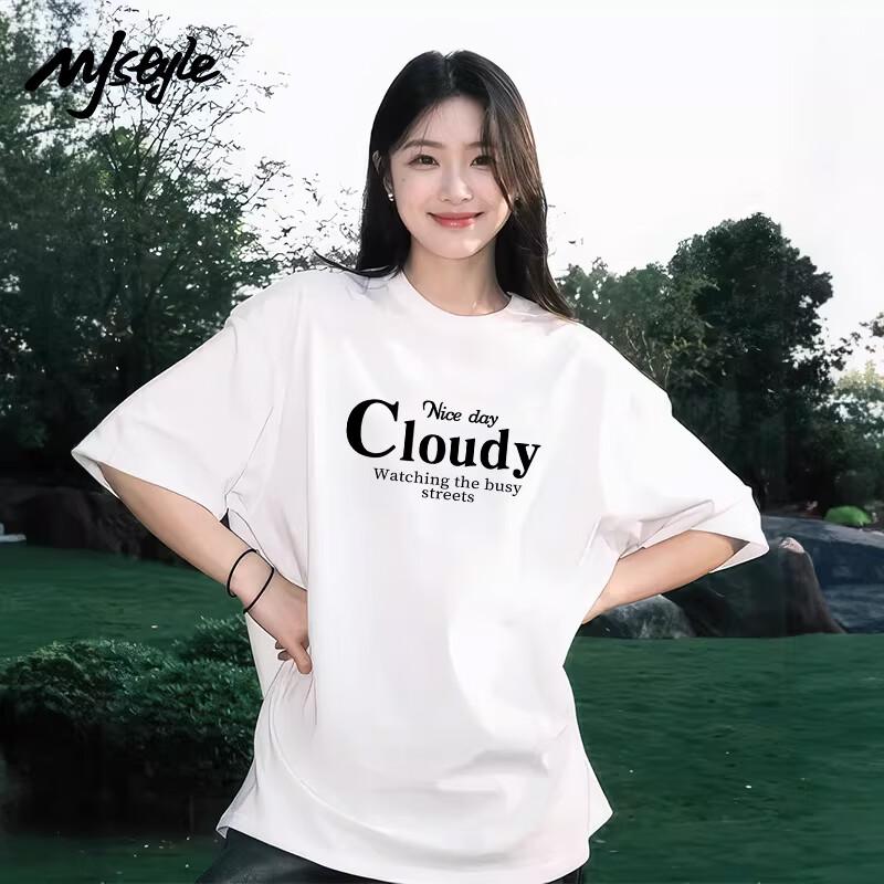 MJ STYLE Women s Round Neck Letter Print Cotton T-Shirt XL