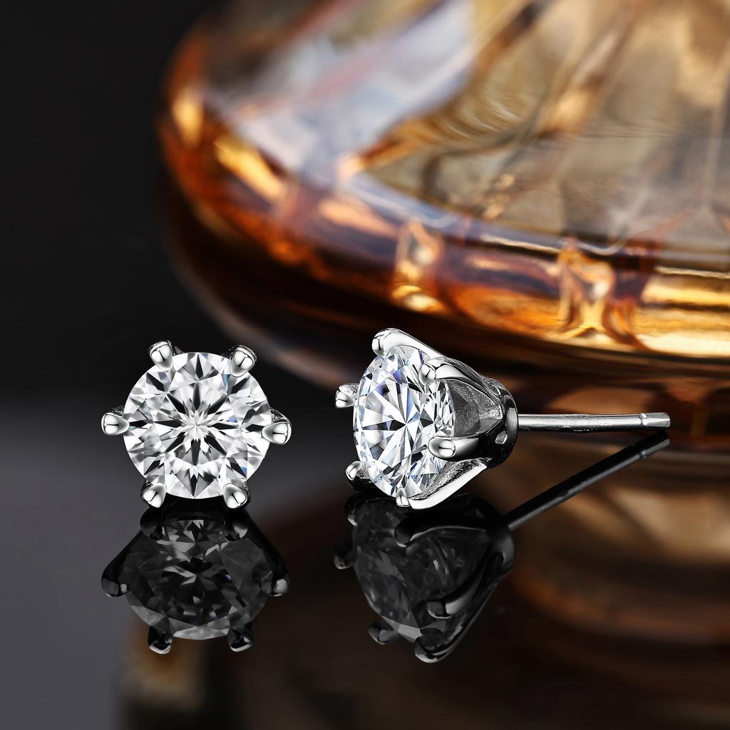 Classic 925 Sterling Silver 6.5mm 1ct D Color VVS Round Bright Cut Moissanite Stud Earrings for Men and Women Jewelry
