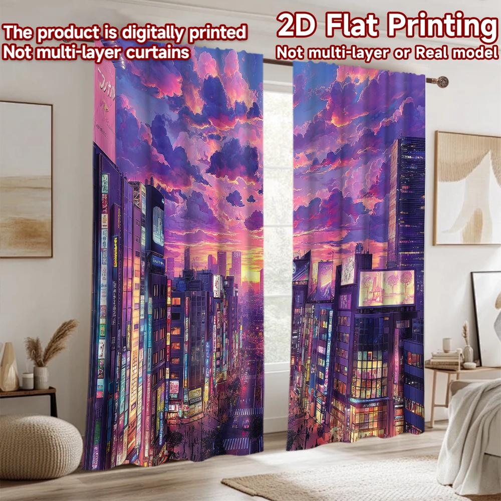 2D flat printing 2pcs Window Curtains Anime Cityscape Neon Night Digital Printed Polyester Drapes Birthday Party for Photo