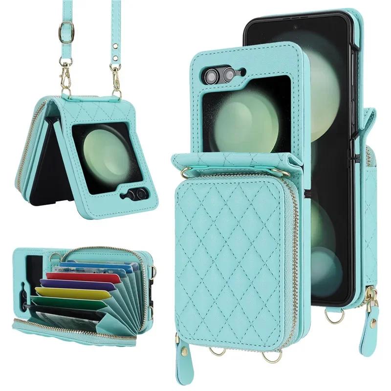 Crossbody Lanyard Leather Zipper Wallet Card Phone Case for Samsung Galaxy Z Flip 7 6 5 4 3 Flip6 Flip5 Flip4 Wrist Rope Cover
