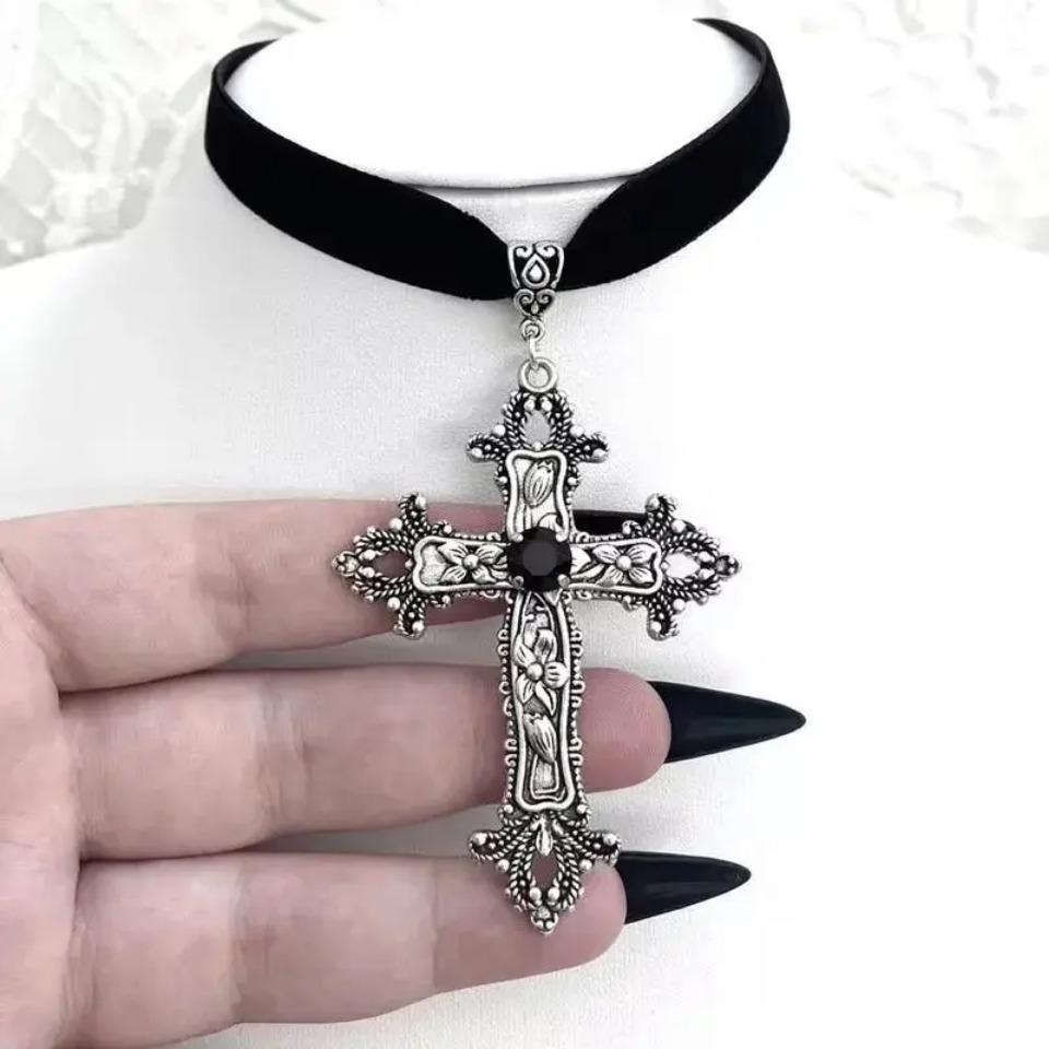 A Classic Gothic Large Cross Shaped Black Velvet Necklace Prepared for Her, Gorgeous Cross Shaped Black Velvet Necklace