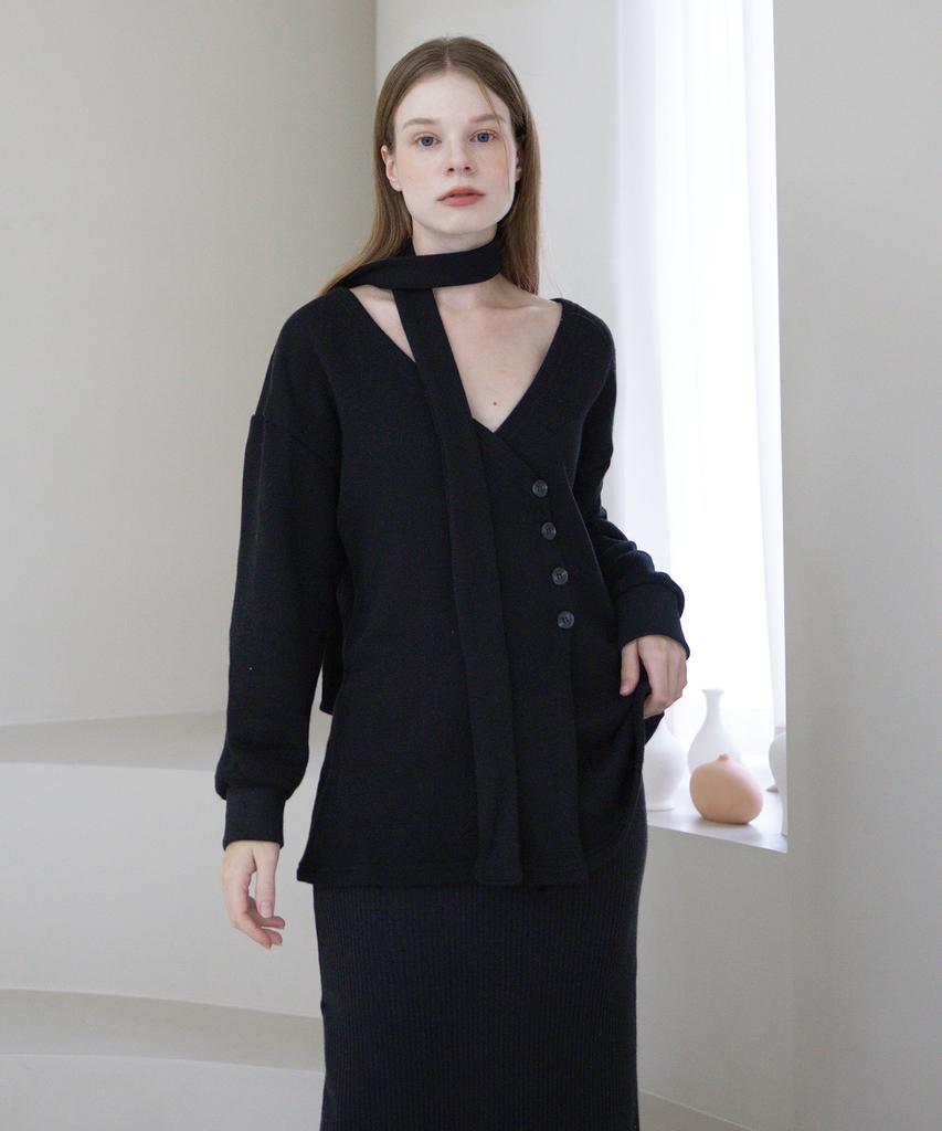 Cattline Off-Shoulder Wrap Strap Cardigan (Black)