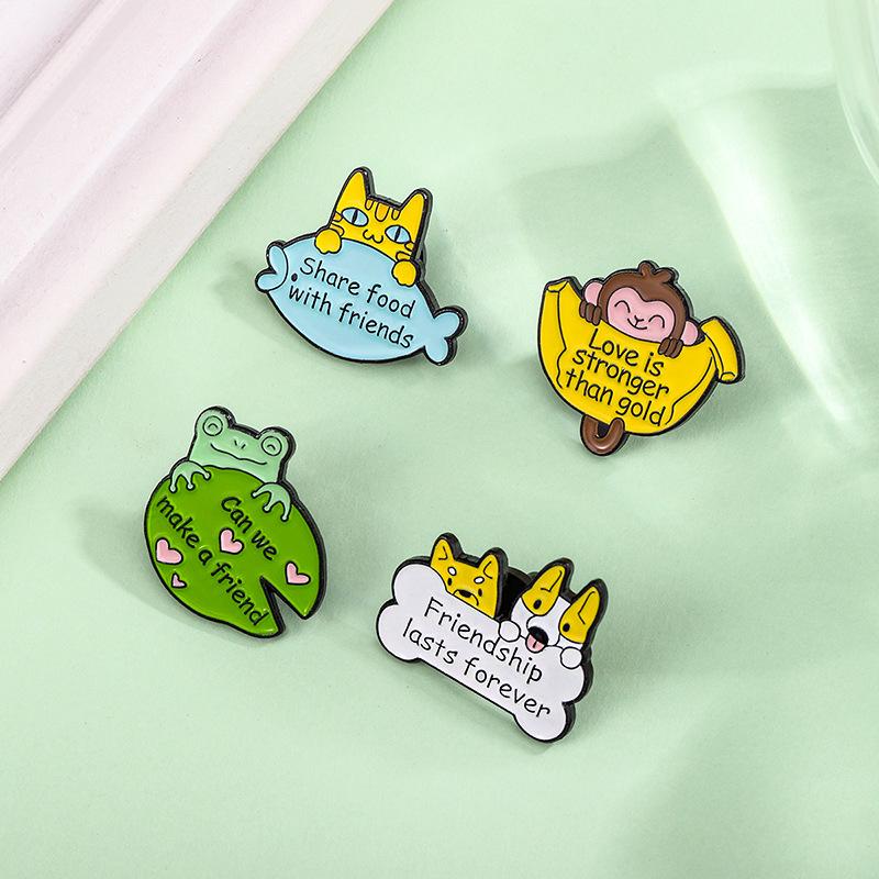 Cartoon Animal Badges: Little Monkey with Bananas, Cat with Fish, Dog with Bones, Cute Frog Brooch