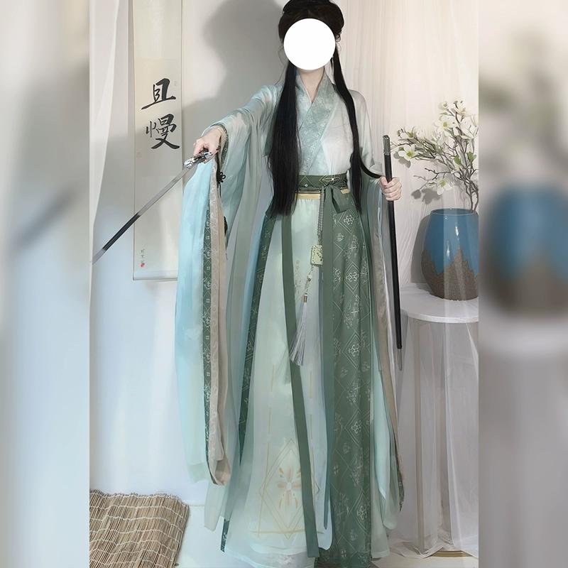 Hanfu de style chinois pour femmes des dynasties Wei et Jin, col croisé, manches larges, costume jupe une pièce