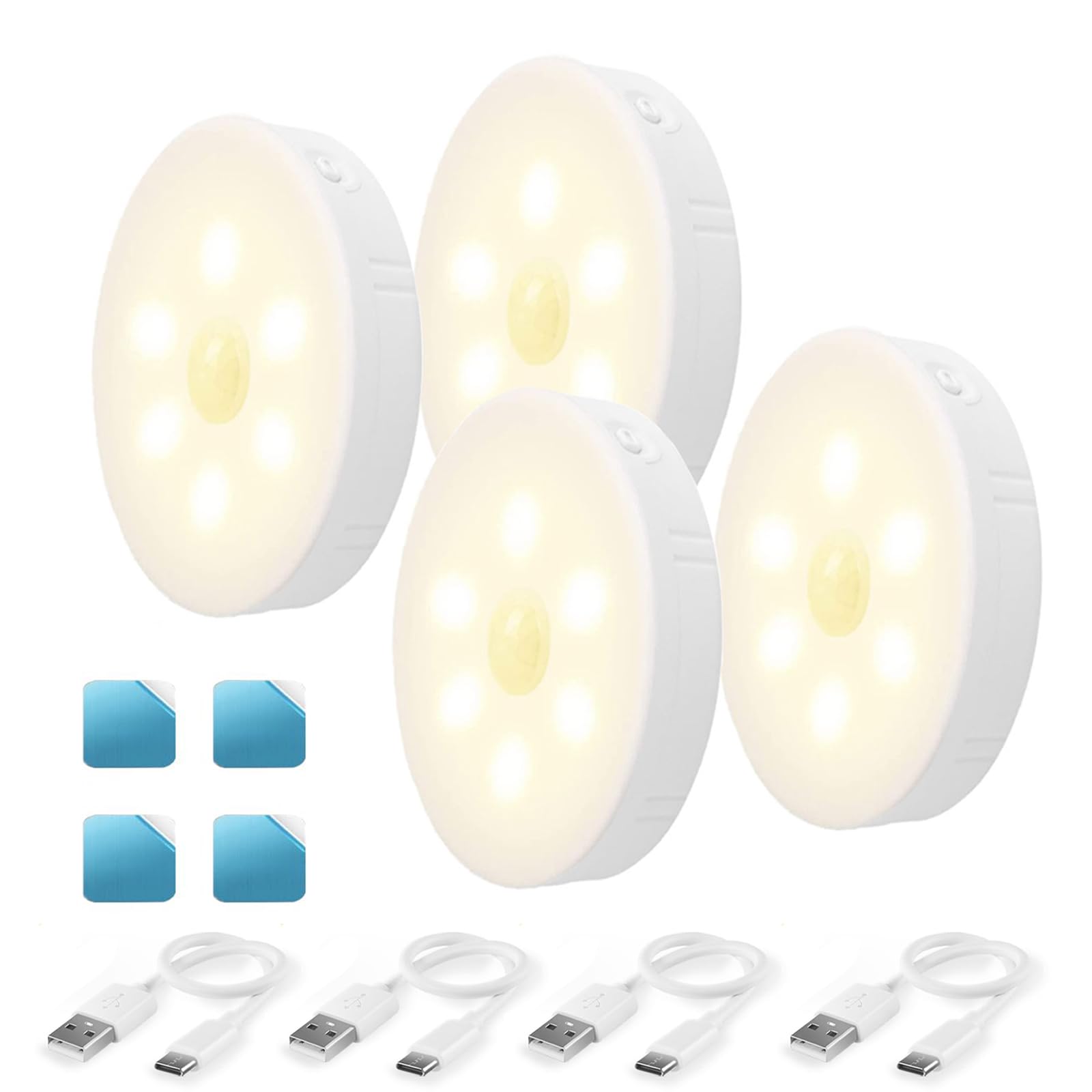 

Iseebiz Sensor Lights, Set of 4, Footlights with Stepless Dimming, 1000mAh Battery, Motion Sensor, Warm White LED, Automatic On, Compact, USB