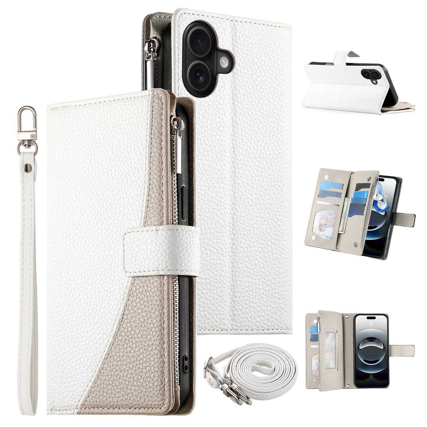

For iPhone 17 Case Zipper Wallet Color Splicing Leather Flip Phone Cover with Straps White