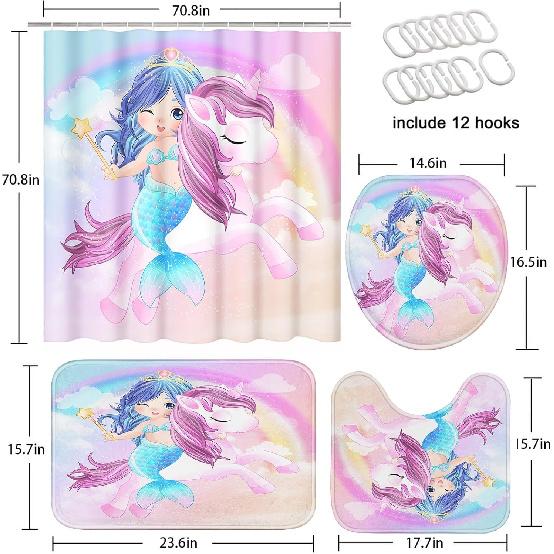 4 Pcs Shower Curtain Sets, Cute Unicorn Mermaid Cub Kids Rainbow Waterproof Bathroom Sets with Non-Slip Rugs, Toilet Lid Cover and Bath Mat,