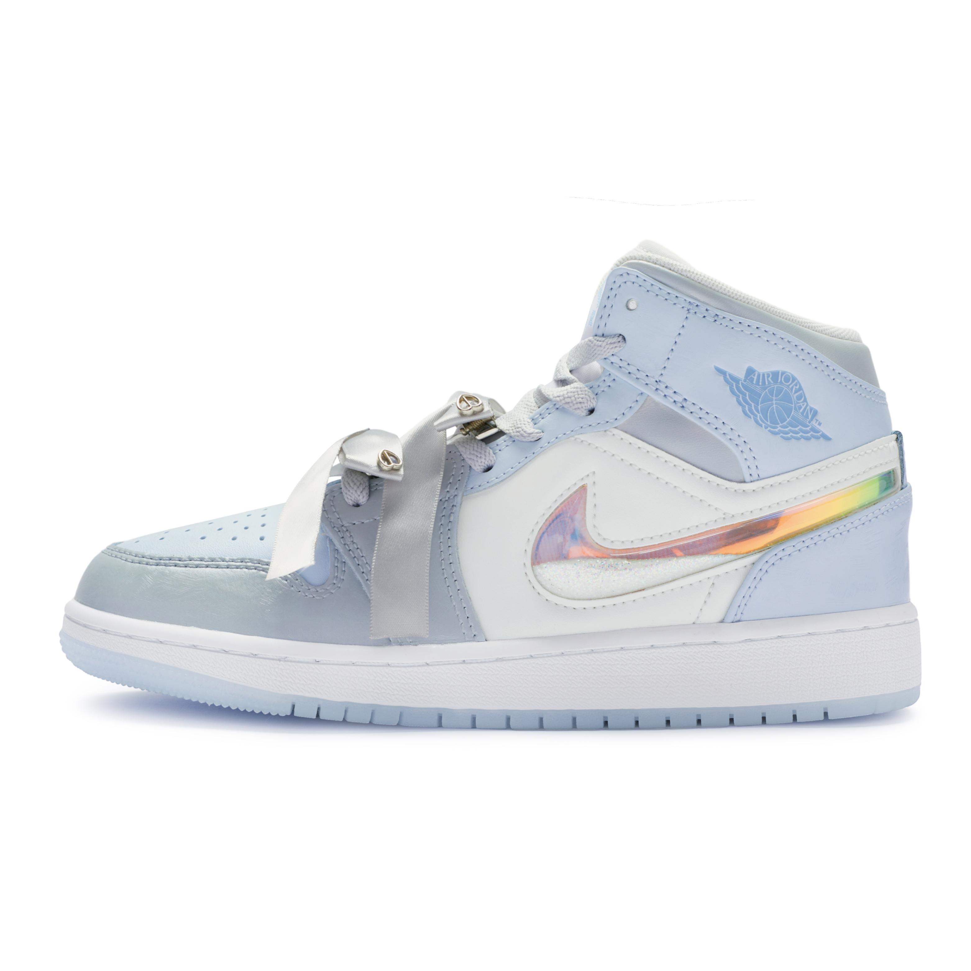 Jordan Air Jordan 1 Mid High top Vintage Basketball Shoes GS Blue Silver FQ9117-400(Team80-) 36