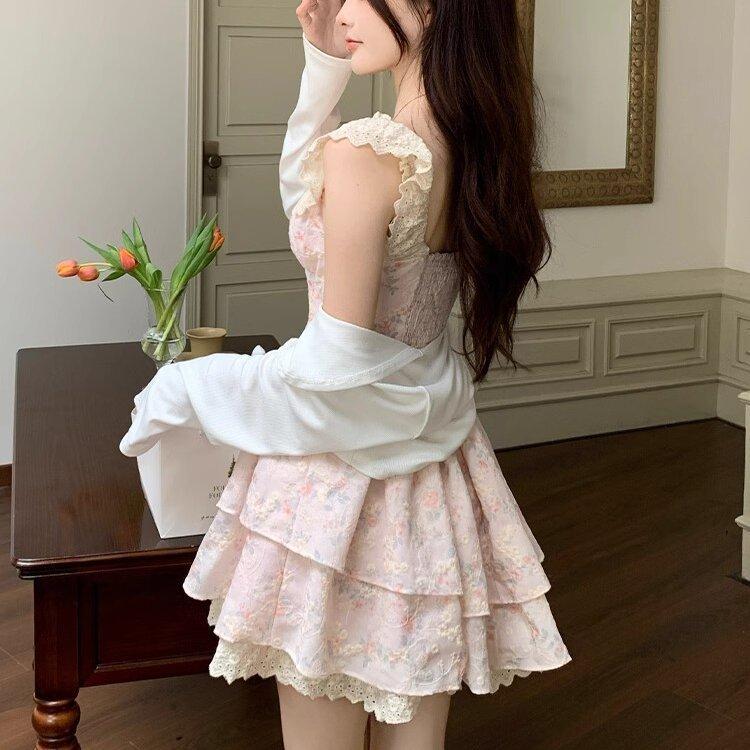 Sweet Spice Girl Small Flying Sleeve Floral Dress Female Summer Small Man First Love Princess Cake Dress Waist Fluffy Dress