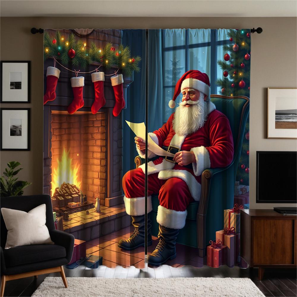 2-piece set of high-definition digital printed curtainChristmas Santa Claus red green fireplace giftHome decoration style