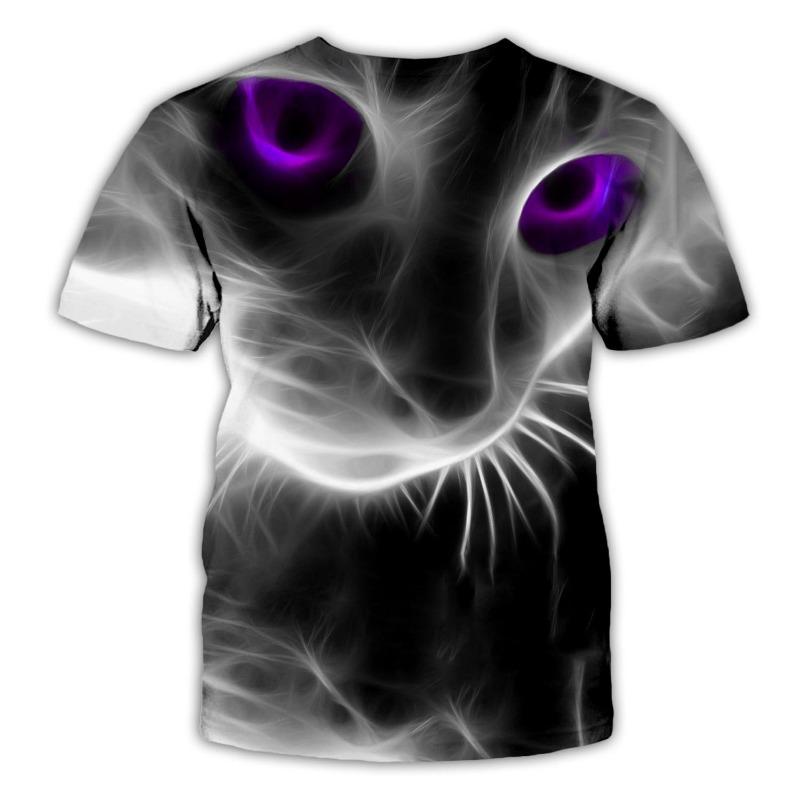 3D Digital Cat Art Printed Round Neck Short Sleeved Casual T-shirt for Teenagers with Stripes Shirt