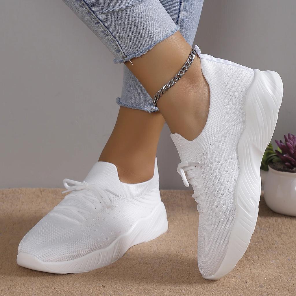 Atmungsaktive weiße Strick-Sneaker für Damen Sommer Leichte rutschfeste Laufschuhe Frau Übergröße Slip-on Freizeit-Sneaker