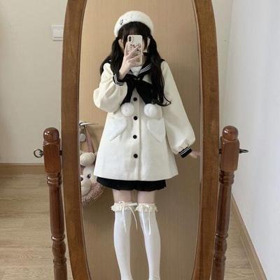 Women's Coats Contrast Sailor Collar Bow Single Breasted Heart Pocket Sweet Age Reduction Versatile Woolen Coat Ladies Clothing