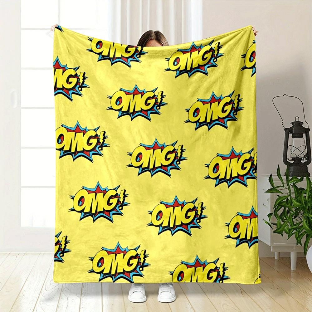 Comic-style "OMG!" text with colorful explosion effects on yellow background. for all seasons blanket lunch break throw gift