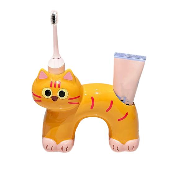 Toothbrush Holder, Cat Shape with Drain Port, Mold-Resistant Double-Hole Ceramic Organizer for Bathroom Accessory