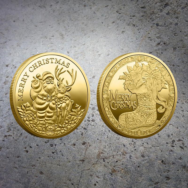 Christmas coins, commemorative medals, European and American, Santa Claus, sled, deer, colorful, commemorative gold coins, decision game coins