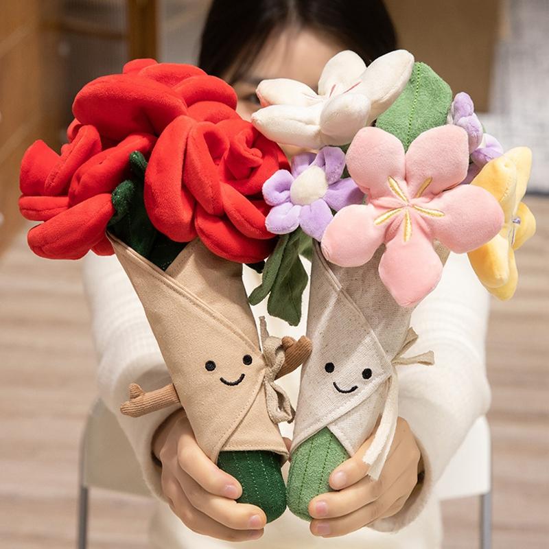 Simulated Tulip Flower Holding Bouquet Valentine's Mothers Day Gift Artificial Rose Flower Girls Christmas Plush Flower Bouquet