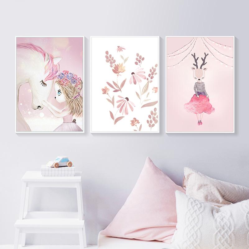 Pink Nursery Girl Flower Wall Art Canvas Painting Horse Swan Nordic Posters and Prints Wall Pictures for Living Room Kids Room