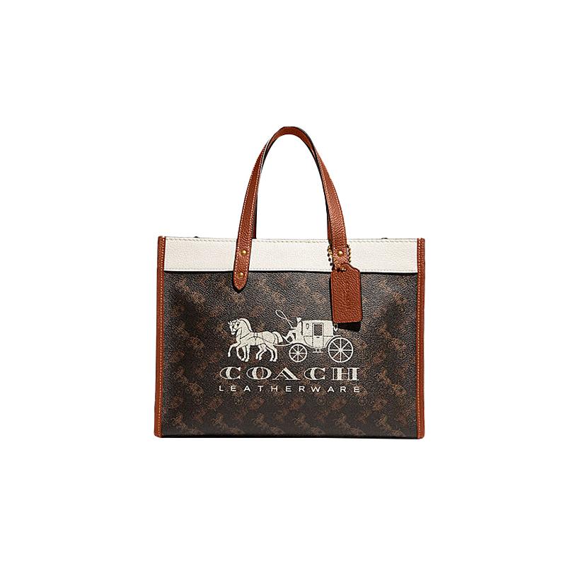 

COACH Field 30 Classic Carriage Print Colorblock Tote Bag Tote Bag Shopping Bag Cowhide One-Shoulder Crossbody Handbag Women s Dark Brown and White білий