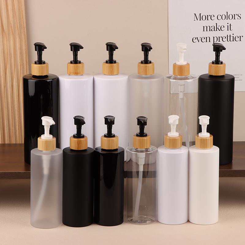 300/500Ml Cylindrical Bamboo Pump Dispenser Bathroom Pet Dish Soap Bottle Lotion Refillable Shower Gel Liquid Frosted Container