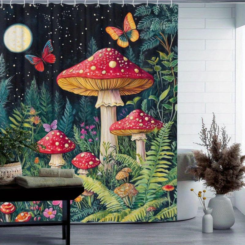 Wild Grass Mushroom Theme Shower Curtain 12 Hooks Suitable For Room Home Hotel Machine Washable Curtains Bathroom One Piece