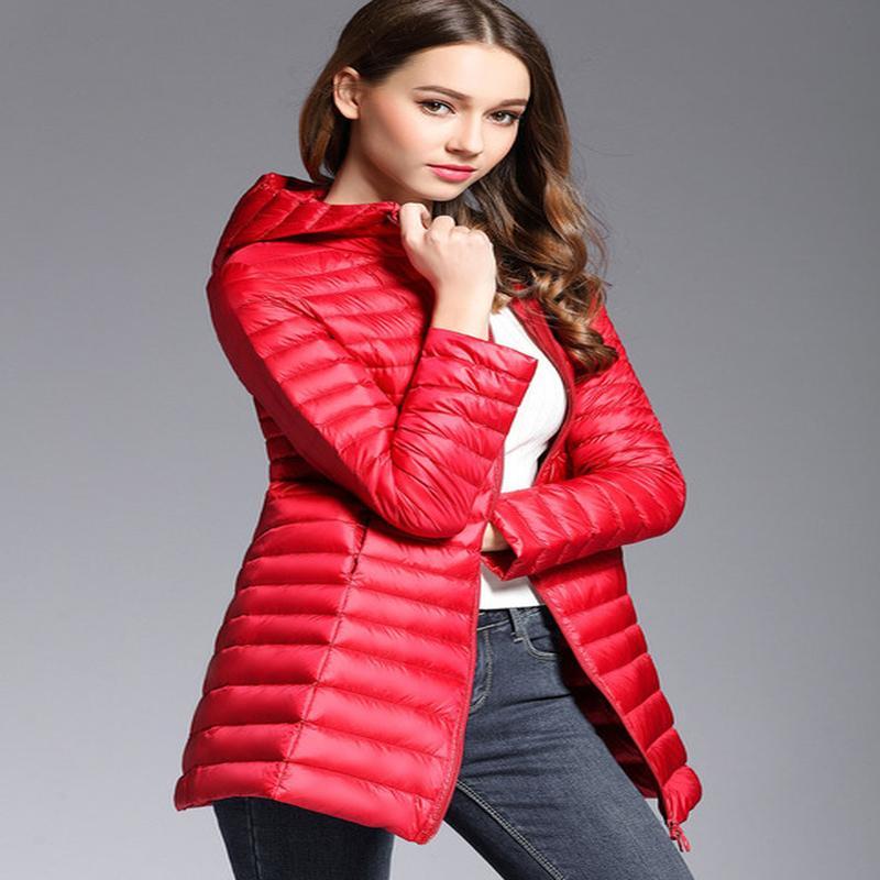 Kobieta, wiosenna, wyściełana, długa kurtka z kapturem, biały, kaczy puch, damski płaszcz, ultralekka, wąska, solidna kurtka, płaszcz, przenośne parki