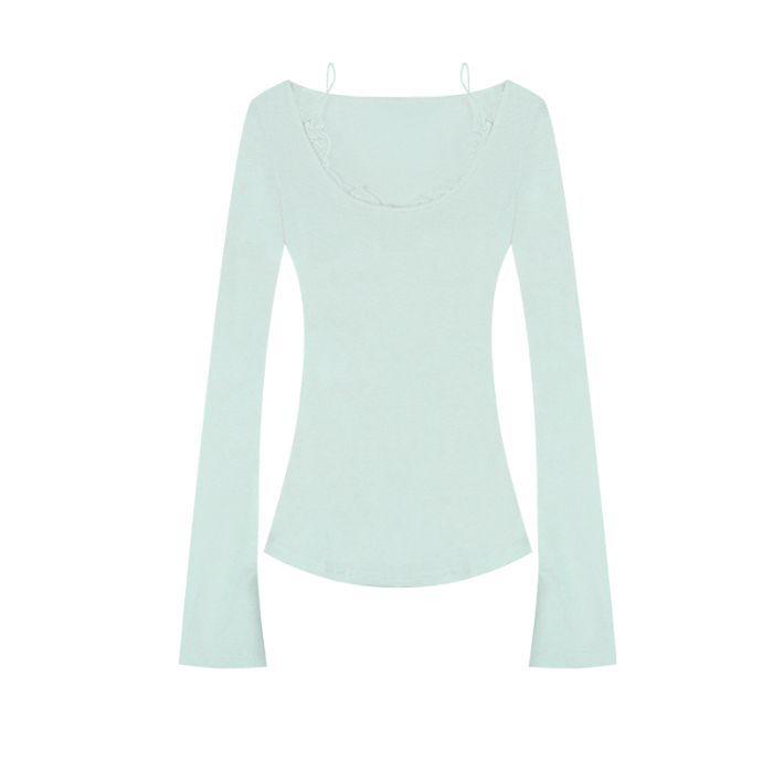 Ancient Korean female lead splicing long-sleeved T-shirt women's spring and summer vacation two-piece lace collar slim-fitting bottoming top