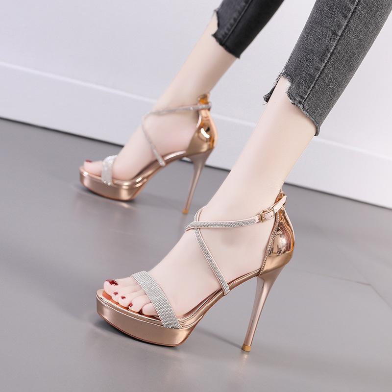 Sexy High Heels für Damen Offene Zehenpartie Kristall Kreuz Knöchelriemen Damenmode Plateau Sandalen Größe 34-39 Sandalias De Mujer