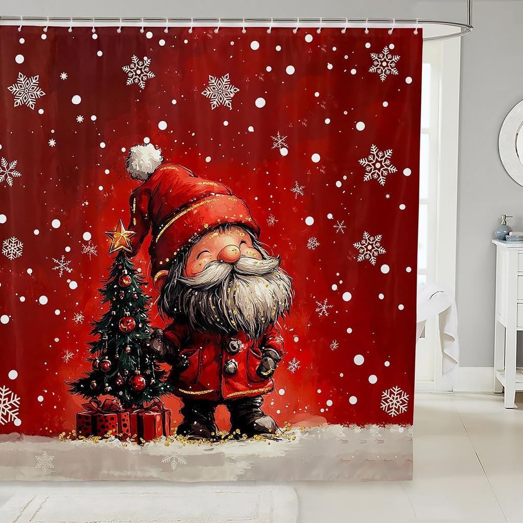 Christmas Cat Shower Curtain Cute Pet Cat Animal Bathroom Shower Curtain Sets, Xmas Decor Christmas Hat Fabric Shower Curtain