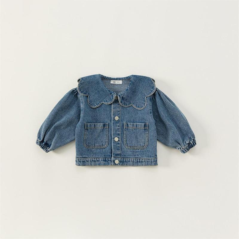 Spring Autumn Kids Girl Denim Coat Ruffle Collar Long Sleeve Outerwear Children Fashion Versatile Clothes