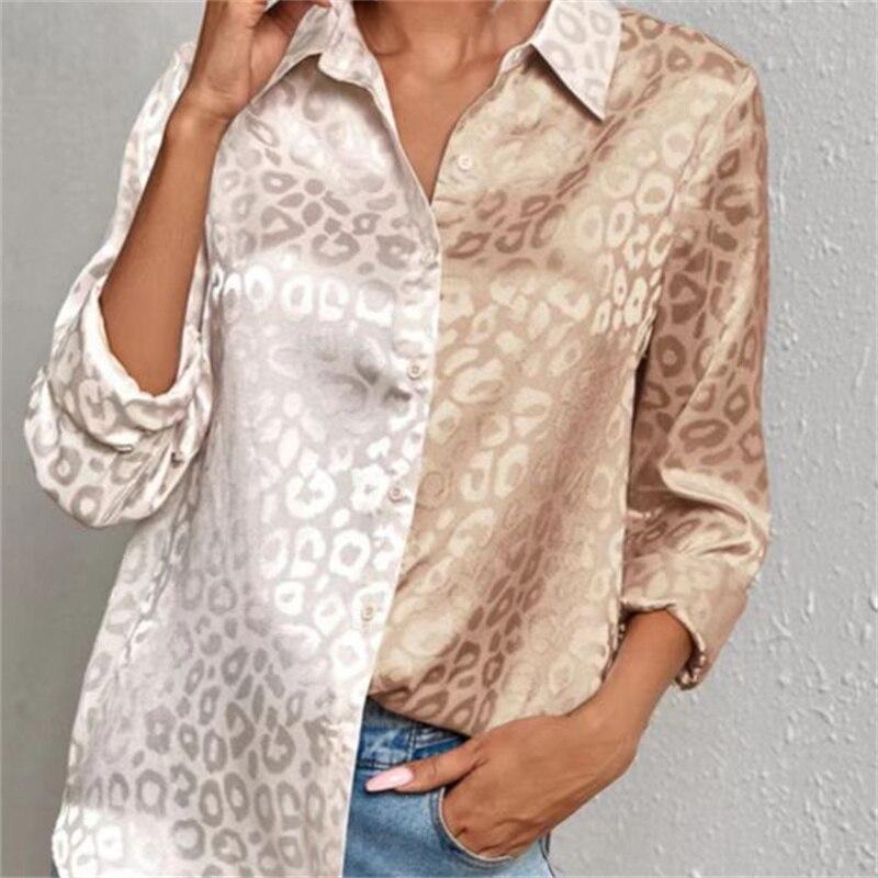 Spring Autumn Shirt Leopard Printed Satin Silk Shirt Women Long Sleeve Button Down Blouse Tops Female Suit Shirt Commuting Wind
