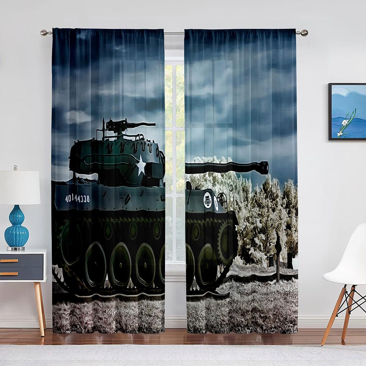 

Зеленый танк пушка армейский автомобиль тюлевые шторы для гостиной для мальчиков декор спальни шифоновая прозрачная вуаль кухонные оконные шторы 1 PCS W100XH250cm&Grommet Top