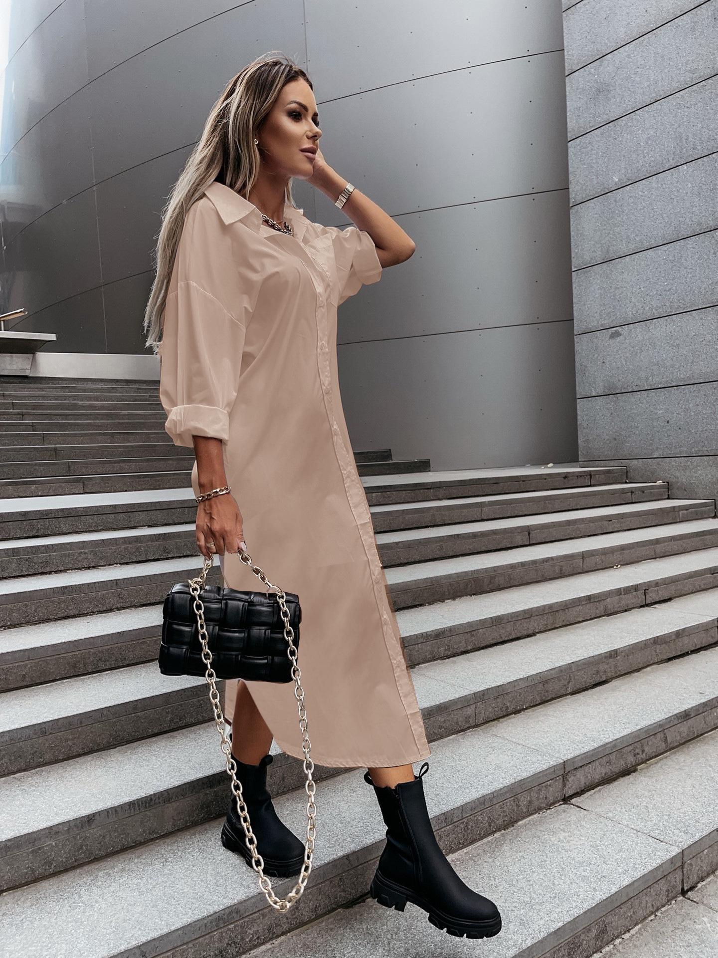 

2024 Autumn Fashion Women s Loose Fit Solid Color Slit Shirt Dress XL