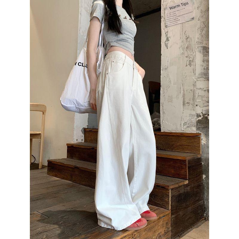 Washed White Denim Pants Women's Autumn Low Waist Loose Drooping Loose Pants Mop Pants Easiest for Match Machete Pants