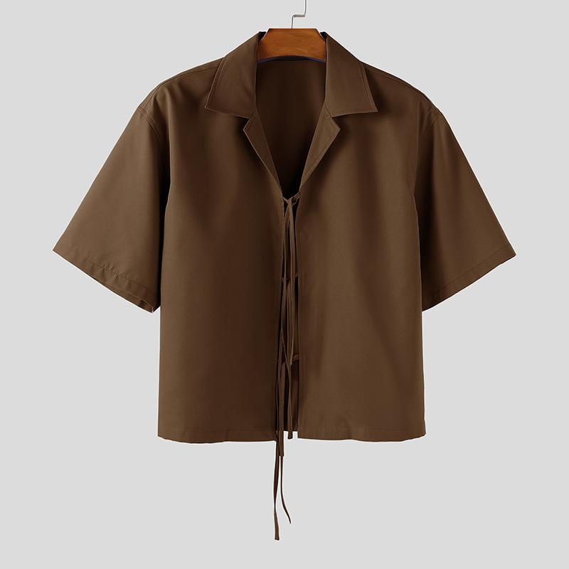 

INCERUN Летние мужские рубашки с лацканами, коротким рукавом, однотонные, с бантом, повседневные, укороченные 5XL коричневый
