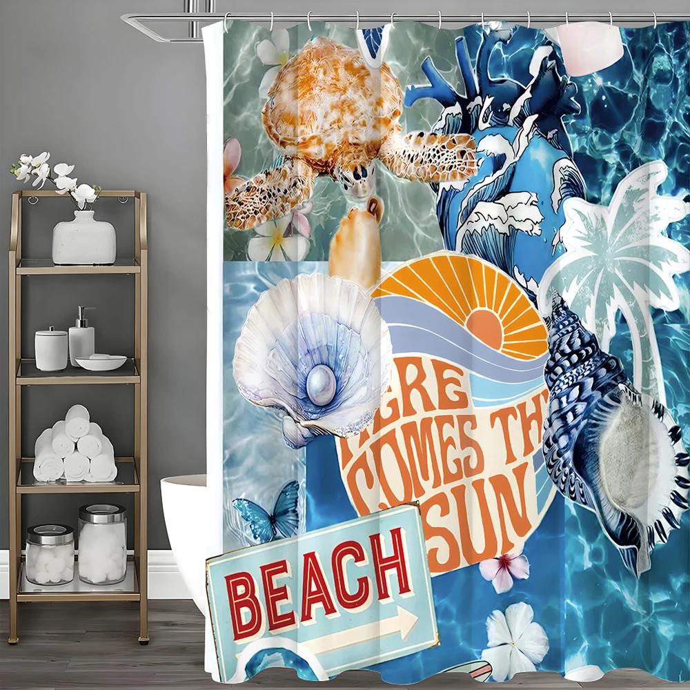 Vibrant Beach-Themed Shower Curtain for a Tropical Bathroom, Featuring Sea Turtles, Shells, and the Phrase Here Comes the Sun W90XH180cm