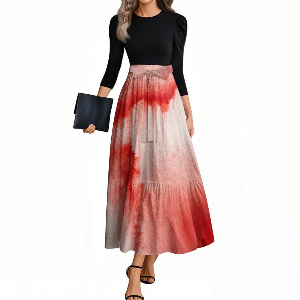 Rochii de damă la modă, casual, cu mâneci trei sferturi, cu guler rotund, cu imprimeu de Halloween, elegante, cu temperament