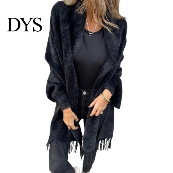 Women Shawl Jacket Winter Fall Thick Fleece Fringe Tassel Hem Long Bat Sleeves Open Stitch Cardigan Knitted Fuzzy Mid Length Coat Outdoor Daily