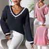 European and American Women's Clothing College Style Women's Top Contrasting Color Splicing V-neck Long-sleeved Sweater Beaded Casual Bottoming Shirt
