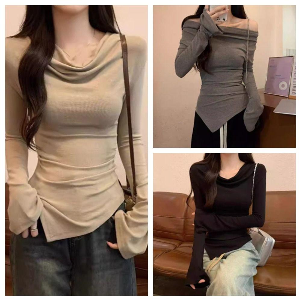 Chic Slanted Shoulder Pullover Slim Fit T Shirts Women Y2k Comfortable Long Sleeve T-shirt  Female